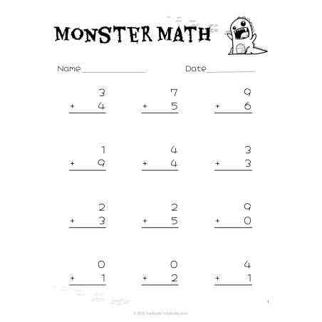 Monster Math Worksheets, 30 Pages